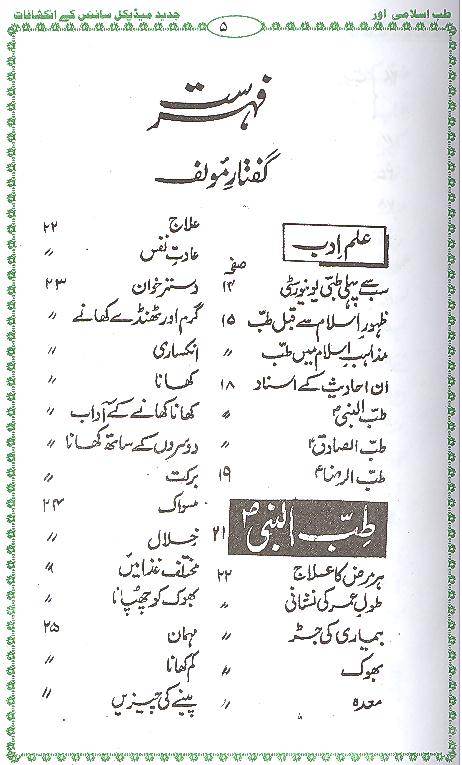 Tib-e-Islami Aur Jadeed Medical Science Book Table of Content
